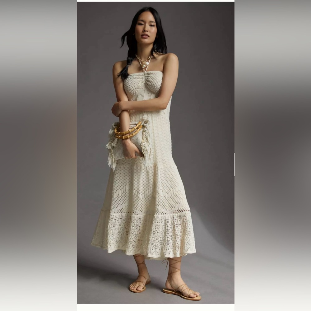 Farm Rio x Anthropologie Crochet Cream Strapless Dress
